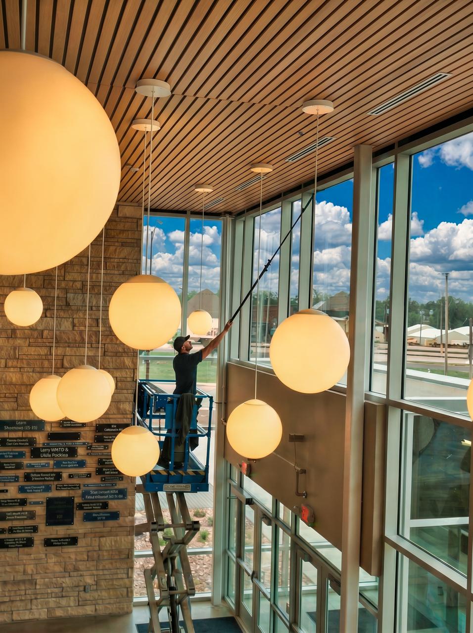 High interior commercial glass cleaning with lift access