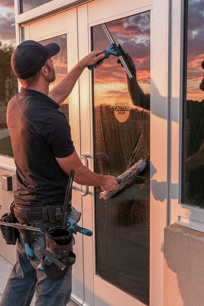 Traditional squeegee window cleaning in progress